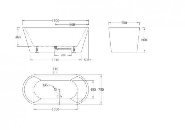 Акриловая ванна BelBagno 160x75 BB71-1600-W0 без перелива