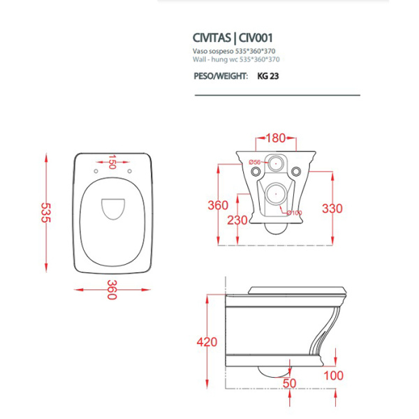 Подвесной унитаз Artceram Civitas CIV001 35 00