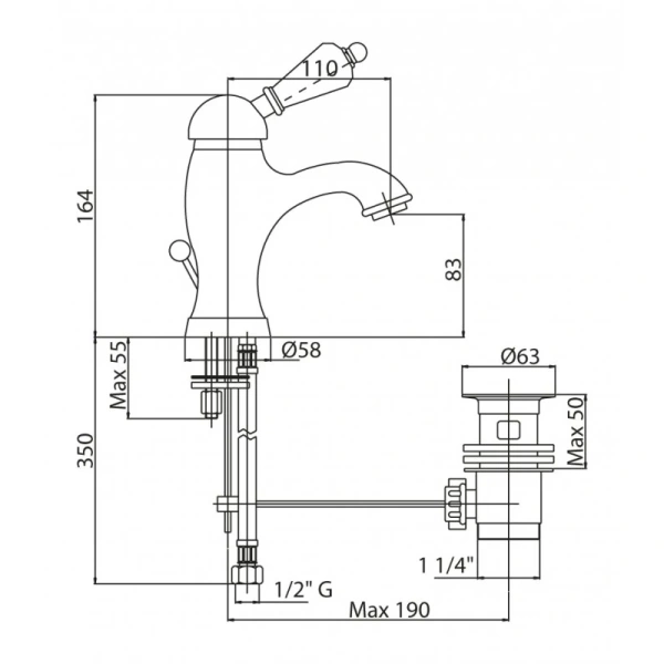 Смеситель для раковины с донным клапаном золото 24 карат, ручка Swarovski Cezares Vintage VINTAGE-LSM1-03/24-Sw