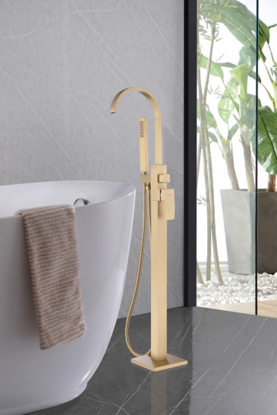 Смеситель для ванны Abber Wasserfall AF8615G напольный с душевым гарнитуром золото матовое