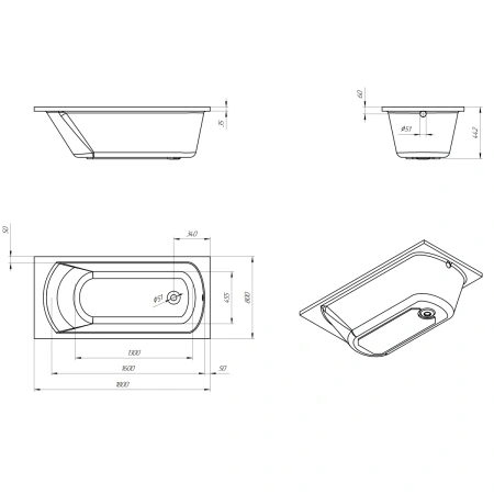 Акриловая ванна 180x80 см Eurolux Miamika E1018080023