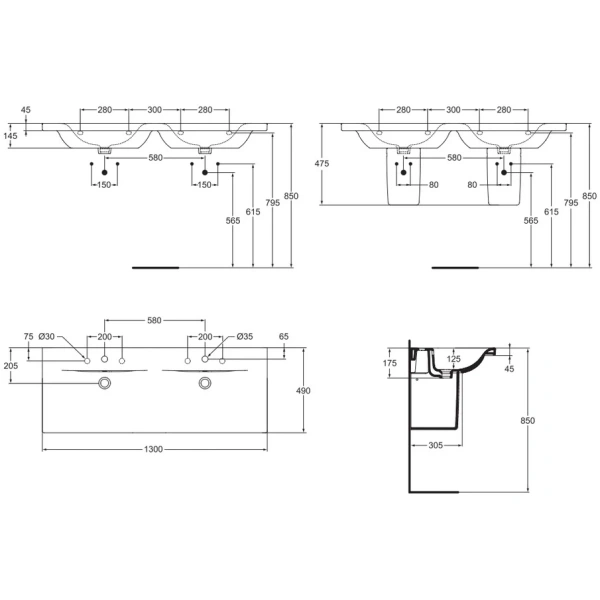 Раковина двойная 130 см Ideal Standard Connect Vanity E813601