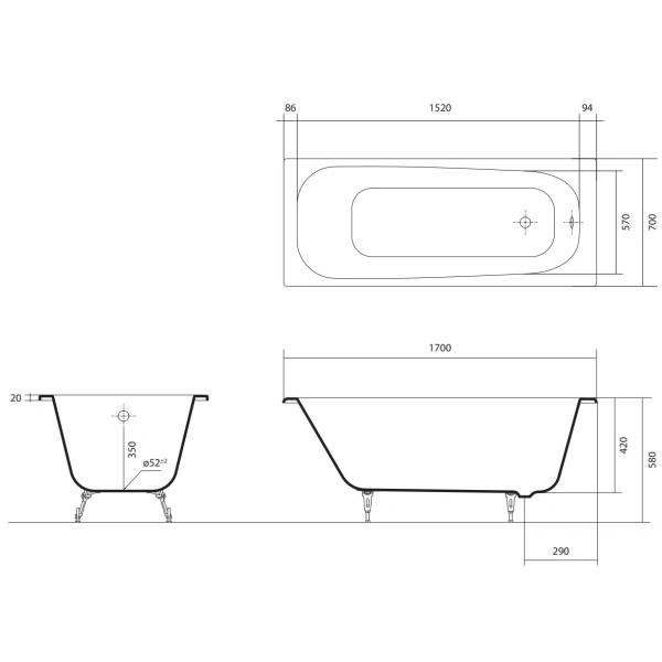 Ванна чугунная Aquatek Сигма AQ8870F-00 170x70 см, белый