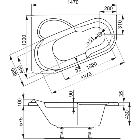 Акриловая ванна 147x100 см R Vagnerplast Selena VPBA141SEL3PE-04
