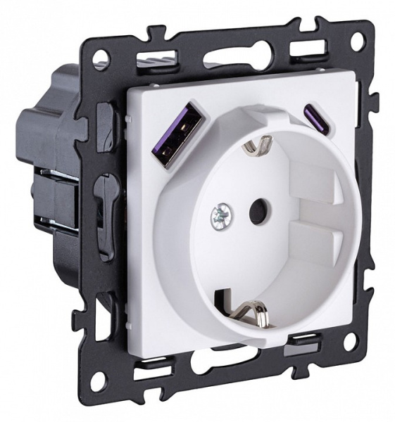 Розетка с заземлением и со шторкой и 2хUSB type A и C, без рамки Kollinger Asthetik AS-016WH