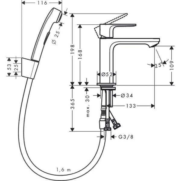 Смеситель для раковины hansgrohe Rebris S 72215670 с гигиеническим душем черный матовый