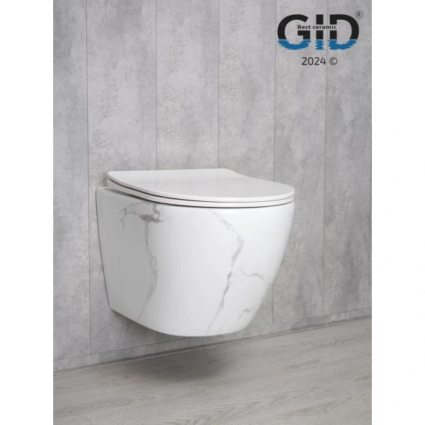 Унитаз подвесной GID Ws2198 (СС) безободковый, с сиденьем микролифт, белый мрамор