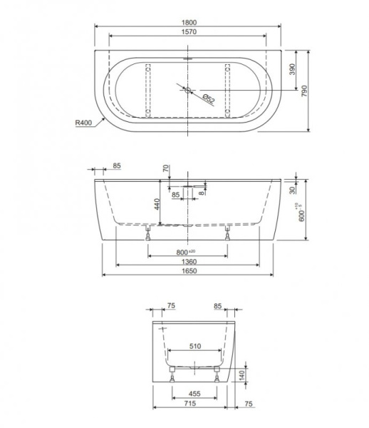 Акриловая ванна Cezares Slim 180x80 SLIM WALL-180-80-44-W37
