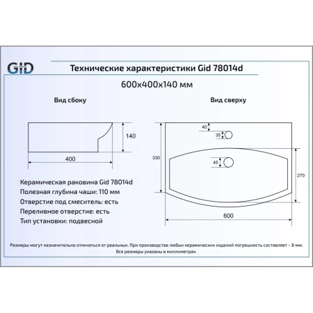 Раковина 60x40 см GID Simple N 78014D