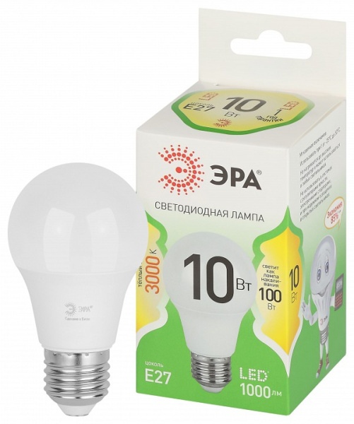 Лампа светодиодная Эра Green Line E27 10Вт 3000K LED A60-10W-830-E27 GL