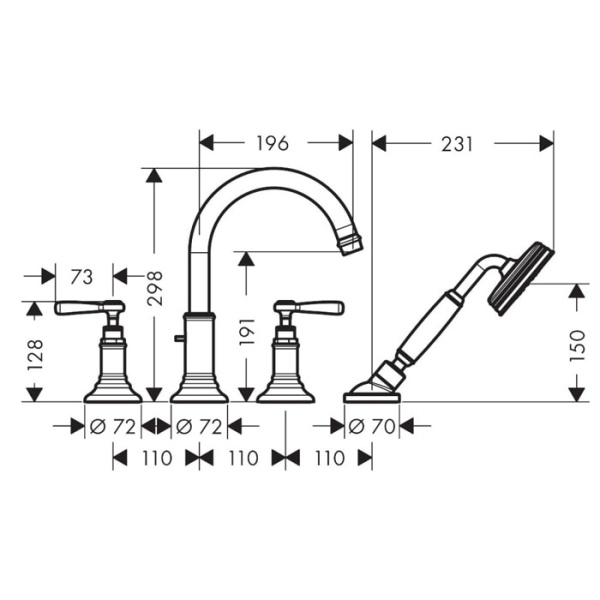 Смеситель на борт ванны Axor Montreux 16554820 с душевым гарнитуром шлифованный никель