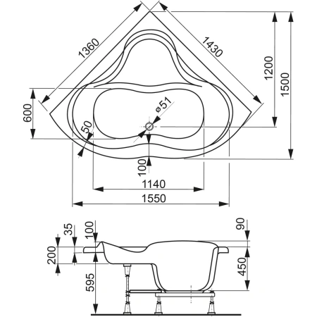 Акриловая ванна 143x143 см Vagnerplast Iris VPBA143IRI3X-04