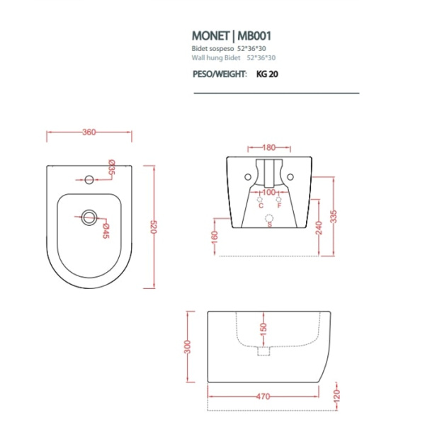 Биде подвесное Artceram Monet MNB001 01 00