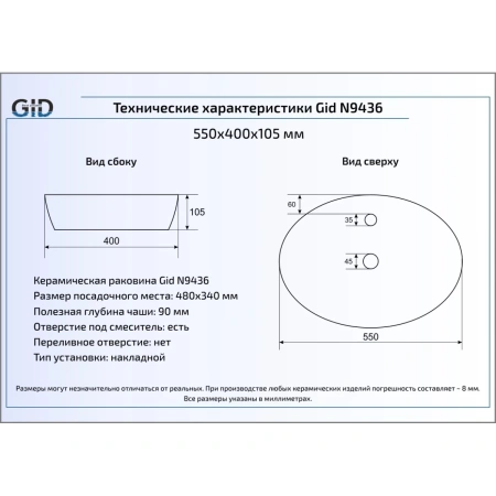 Раковина 55x40 см GID Simple N N9436