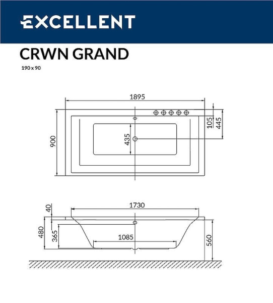 Акриловая ванна Excellent Crown Grand 190х90 WAEX.CRG19.SMART.CR хром, белый