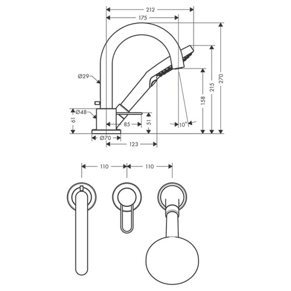 Смеситель на борт ванны Axor Uno 38436000 с душевым гарнитуром