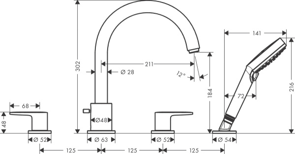 Смеситель на край ванны hansgrohe Vernis Blend 71456670 на 4 отверстия матовый черный