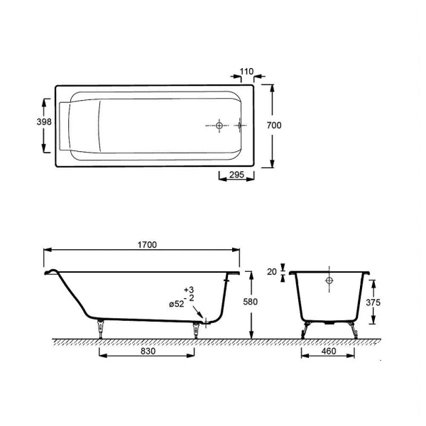 Чугунная ванна Jacob Delafon Parallel 170х70 E2947-S-00 без антискользящего покрытия