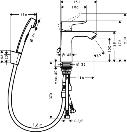 Смеситель для раковины hansgrohe Metris 31285000 с гигиеническим душем