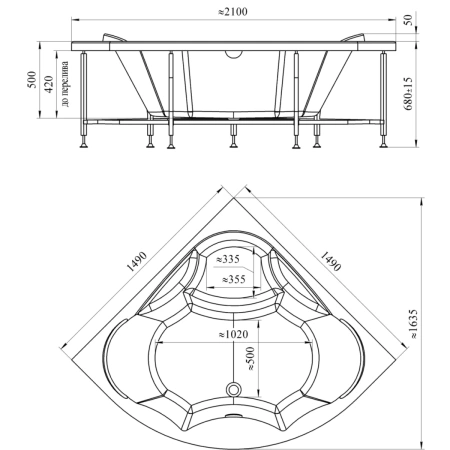 Акриловая ванна 149x149 см Radomir Сандра 2-01-0-0-1-221
