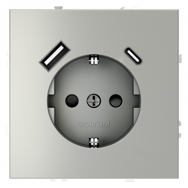Розетка с заземлением и со шторкой и 2хUSB type A и C без рамки Voltum S70 VLS040505