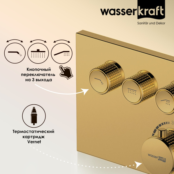 Термостатический смеситель для душа WasserKRAFT Sauer 7158 Thermo глянцевое золото