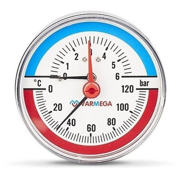 Термоманометр VARMEGA аксиальный 80 мм, 6 бар, 120гр.С, 1/2", с отсекающим клапаном, VMMT06-800604