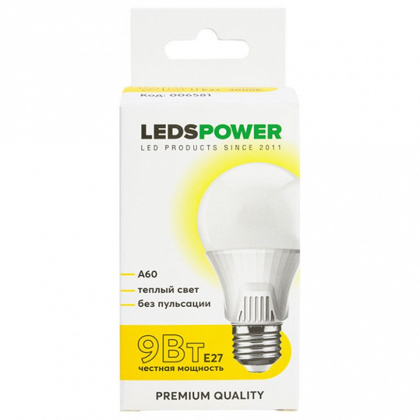 Лампа светодиодная LEDS POWER A60 E27 9Вт 3000K 006581