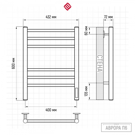 Аврора П6 400х600 электро КС ГРАФИТ Полотенцесушитель TERMINUS
