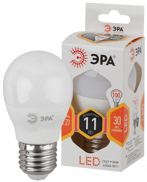 Лампа светодиодная Эра Стандарт E27 11Вт 2700K LED P45-11W-827-E27