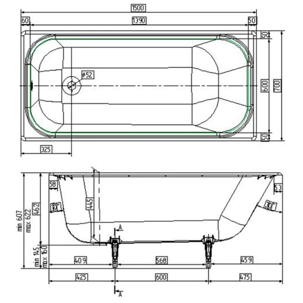 Ванна чугунная Wotte Start 1500x700UR 150x70 см, с отверстиями под ручки, белый