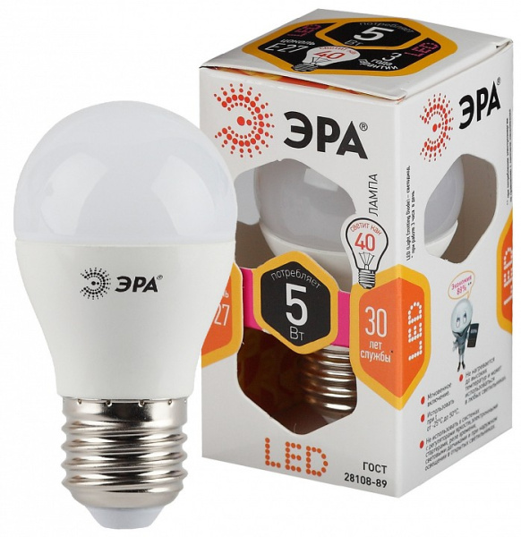 Лампа светодиодная Эра Стандарт E27 5Вт 2700K LED P45-5W-827-E27