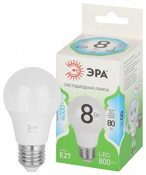 Лампа светодиодная Эра Green Line E27 8Вт 4000K LED A60-8W-840-E27 GL