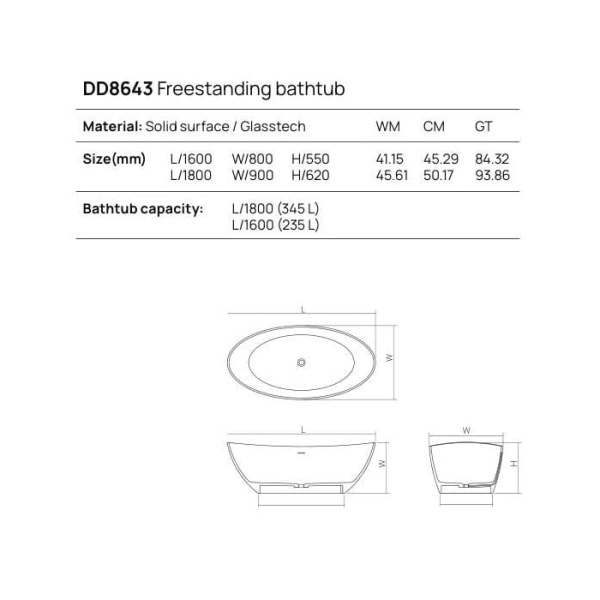 Отдельностоящая ванна Dea Design Elegant 180x90x62 DD8643 1800 R4 smoky black