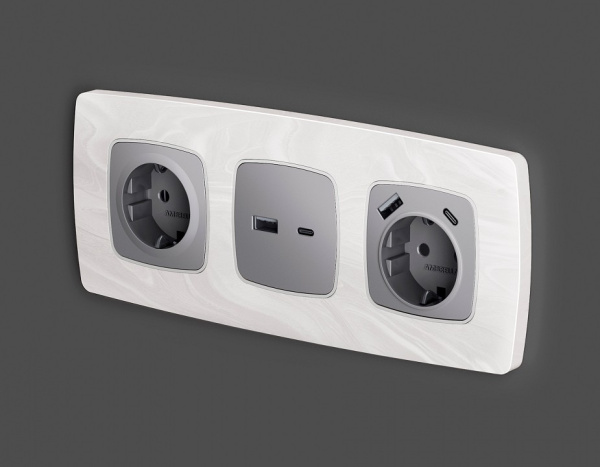 Накладка для розетки с заземлением и со шторками и 2хUSB type A и C Ambrella Volt OMEGA OP5100