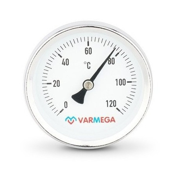 Термометр VARMEGA биметаллич. с погр. гильзой 63 мм, 120гр.С, штуц.50 мм, 1/2", упл., VMMT03-635004