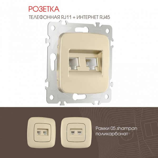 Розетка двойная RJ-11 и Ethernet RJ-45 без рамки Arte Milano am-205 205.44-1.shampan