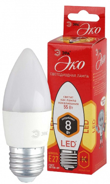 Лампа светодиодная Эра  E27 8Вт 2700K ECO LED B35-8W-827-E27 R