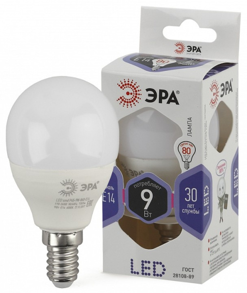 Лампа светодиодная Эра Стандарт E14 9Вт 6000K LED P45-9W-860-E14