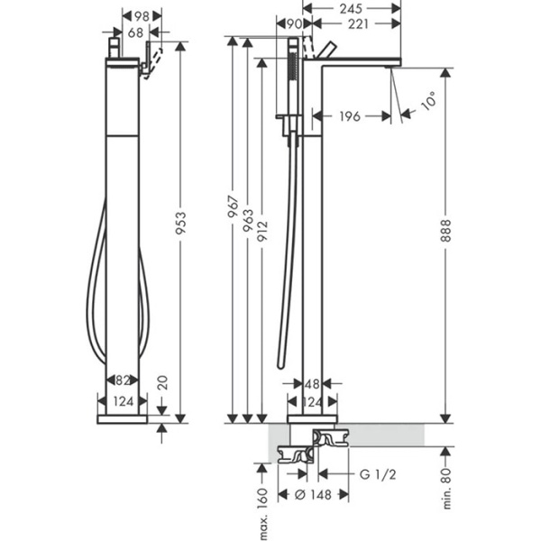 Напольный термостатический смеситель для ванны Axor MyEdition 47440600 с душевым гарнитуром хром/черное стекло