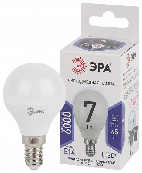 Лампа светодиодная Эра Стандарт E14 7Вт 6000K LED P45-7W-860-E14