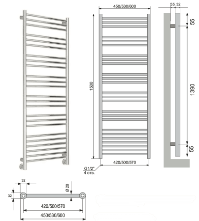 Полотенцесушитель водяной Neoinox RONDO 1500x600 RAL белый