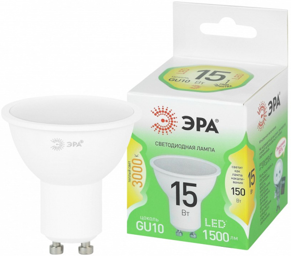 Лампа светодиодная Эра  GU10 15Вт 3000K LED MR16-15W-830-GU10 GL