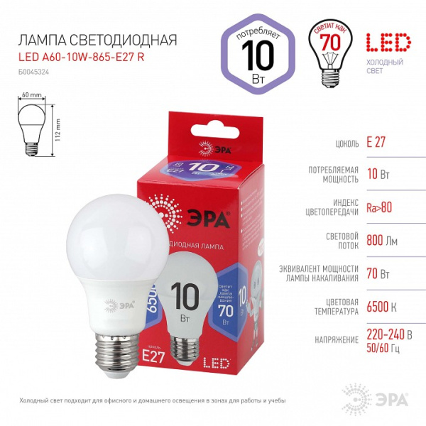 Лампа светодиодная Эра  E27 10Вт 6500K LED A60-10W-865-E27 R