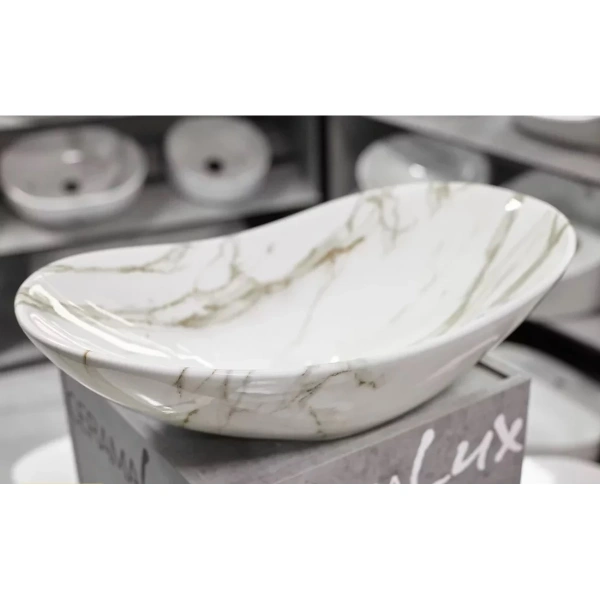 Раковина-чаша CeramaLux 1575 63x35 см, накладная, белый мрамор