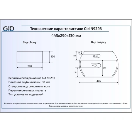 Раковина 44,5x29 см GID Simple N N9293