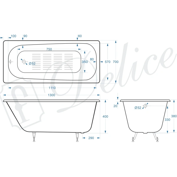 Ванна чугунная Delice Continental DLR230641-AS 130x70 см, с антискользящим покрытием, белый