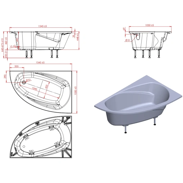 Ванна из литьевого мрамора Astra-Form Тиора Solid Surface 01010085 154,5x105 см R, угловая, белый матовый