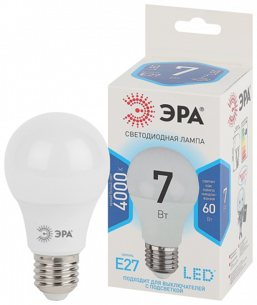 Лампа светодиодная Эра Стандарт E27 7Вт 4000K LED A60-7W-840-E27