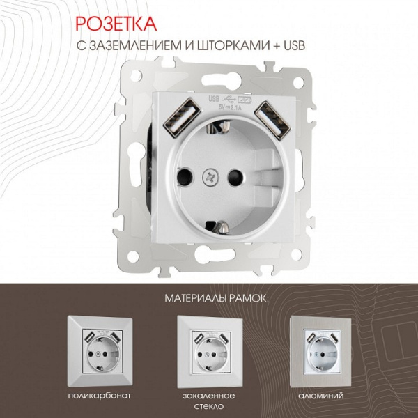 Розетка с заземлением и со шторкой и 2хUSB без рамки Arte Milano am-203 203.47-1.silver